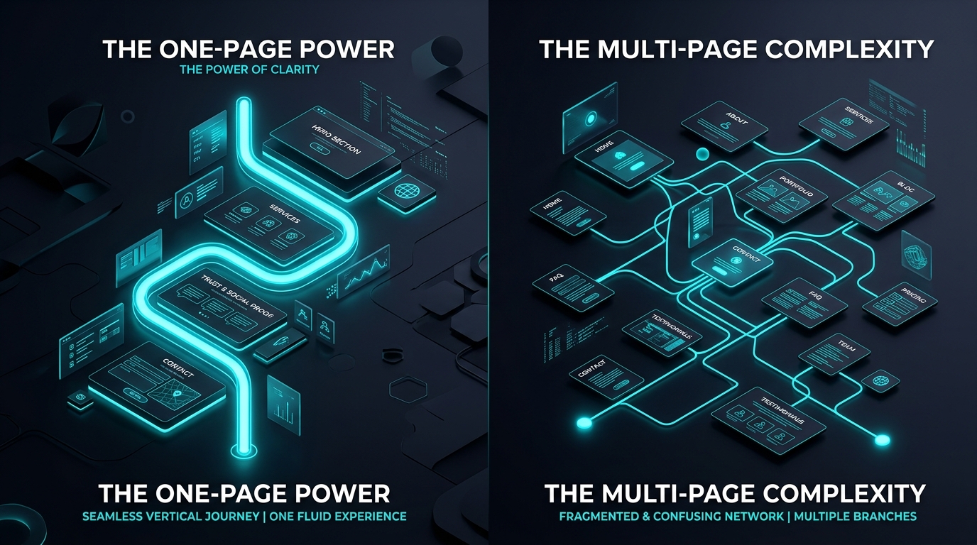 Comparativa visual entre el flujo directo de una web One-Page y la dispersión de una web multipágina